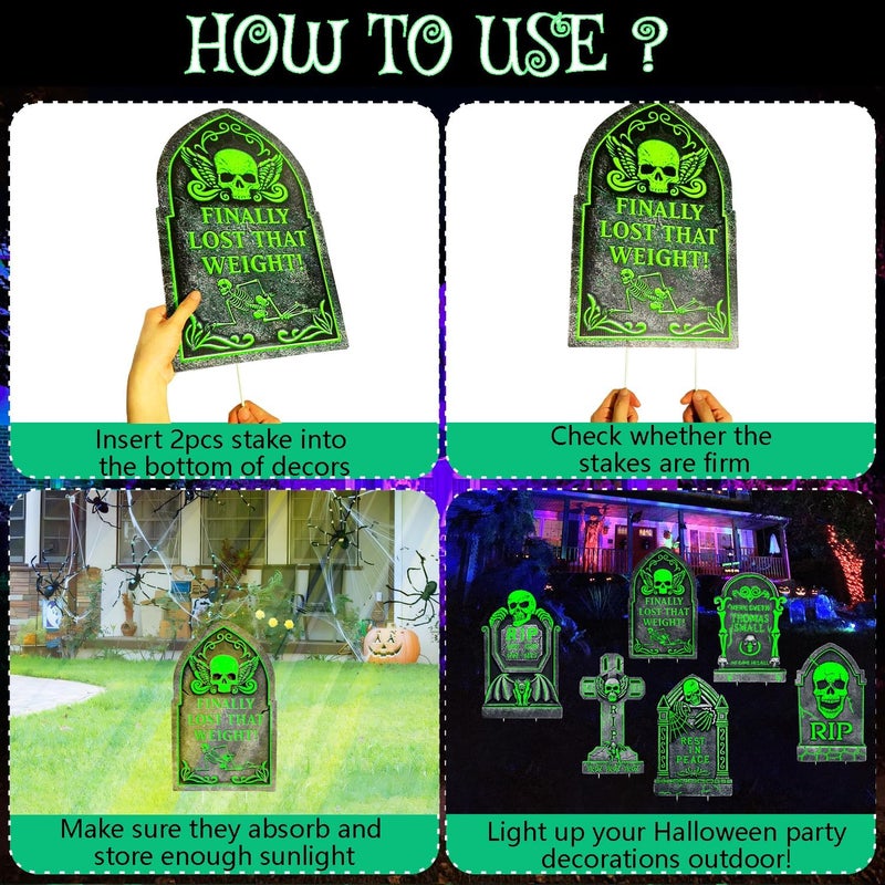 CiniQy 6 Pack Halloween Tombstones Graveyard Decorations, Halloween Yard Sign Glow in The Dark, 17”×10” Waterproof Outdoor Light Up Tombstones, Spooky Light Up Gravestones for Yard, Home, Party, Scary Decor - Image 4
